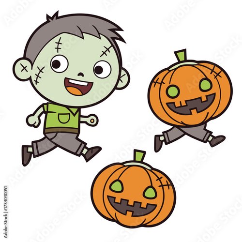 Happy monster kid runs with two pumpkins on a transparent background smiling widely