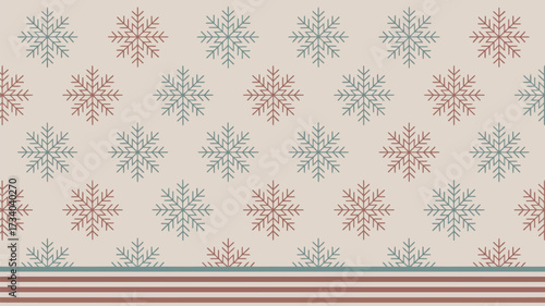 A repeating pattern of snowflakes in alternating colors on a light beige background with striped border