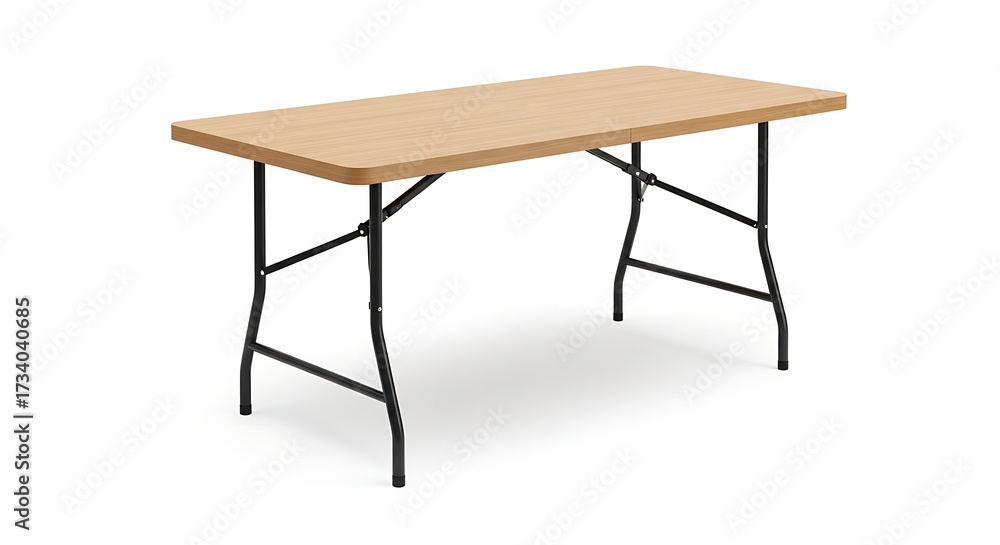 Fototapeta premium A rectangular folding table with a light brown top and black metal legs on a white background ai generated