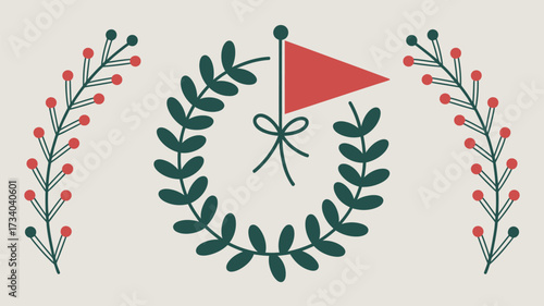 A festive illustration featuring a wreath, flag, bow, and berry branches on a cream colored background