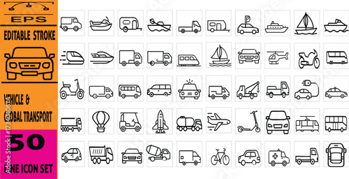 50 Global Transportation Flat Vector Icons Set: Car, Truck, Bus, Ship, and Plane UI/UX Graphics, Editable for Logistics and Travel Apps.

