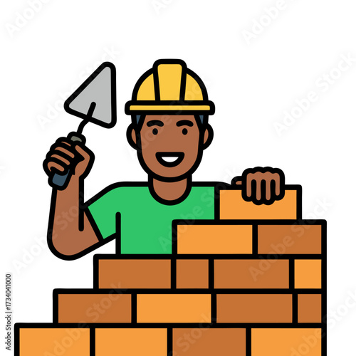 Smiling construction worker illustration of a professional builder and bricklayer building a wall
