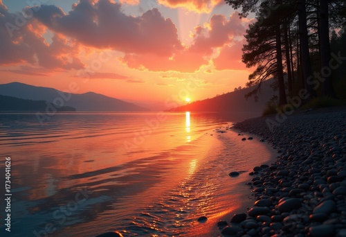 Serene Lakeside Reflections Vibrant Sunset Peaceful Water Landscape Golden Hour Nature Bliss