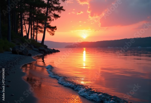 Serene Lakeside Reflections Vibrant Sunset Peaceful Water Landscape Golden Hour Nature Bliss