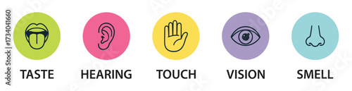 Human senses icon set. Vision eye, smell nose, hearing ear, touch hand, taste mouth with tongue. Simple line icons and black circle. Five senses of human nervous system. Vector illustration.
