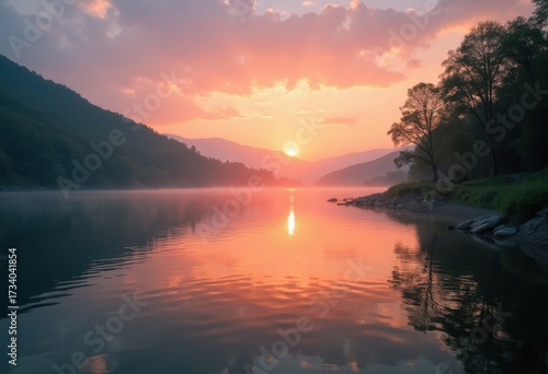 Serene Lakeside Sunset Reflections with Vibrant Colors and Calm Waters Turbulent Mirage