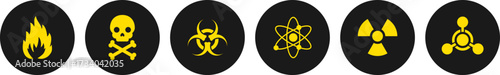 Set of Vector Icons of Dangerous chemical signs - Black and Yellow - Fire icon, hazardous icon, poisonous icon, skull icon, nuclear radiation icon, radiation. 3.eps