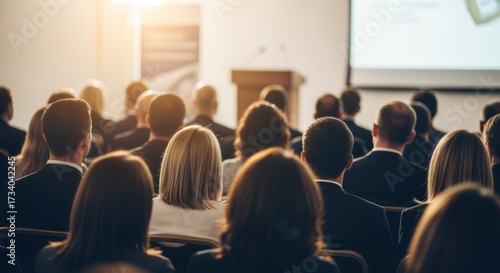 Wallpaper Mural Professional audience in formal attire seated in modern conference room during business presentation. Attendees focus on speaker at front. Ideal for corporate training and business education. Torontodigital.ca