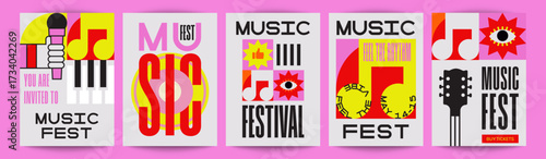 Bright music festival poster set with bold geometric shapes, modern pop art style, and colorful abstract design. Includes microphone, guitar, notes, piano keys, and vinyl record illustration.