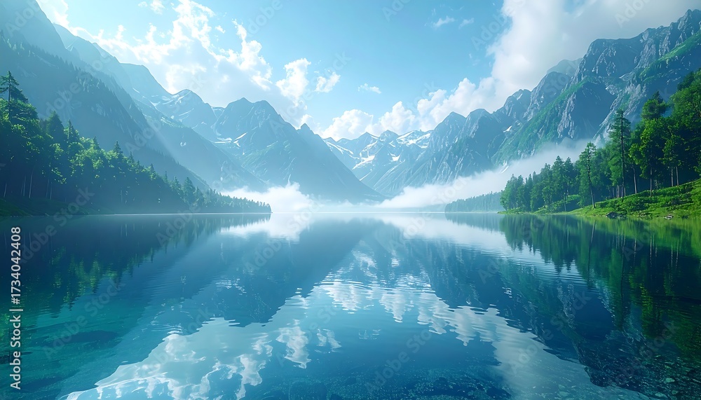 Fototapeta premium Serene mountain lake reflecting a sky filled with clouds and sunlit peaks