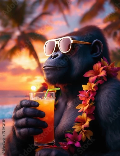 Gorilla wearing sunglasses enjoying drink at sunset beach scene