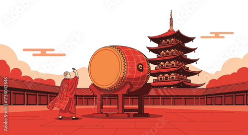 Japanese Monk Preparing to Strike Taiko Drum at Temple for Celebration Event