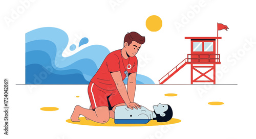 Lifeguard performing cpr on a rescue mannequin at beach with lifeguard tower illustration