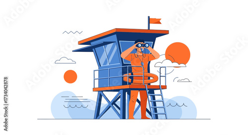 Lifeguard on duty in a lookout tower scanning the horizon with binoculars attentively
