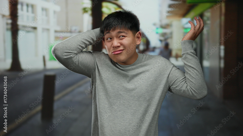 Fototapeta premium Young man in casual street setting showing discomfort or confusion while standing outdoors in a city background in daylight.