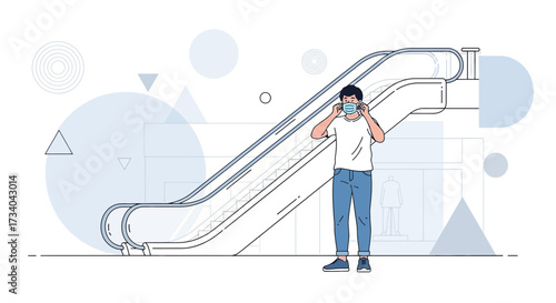 Man adjusting face mask near escalator in public place during the coronavirus pandemic for safety