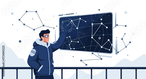 Man exploring constellations, science and technology innovation in winter wonderland environment