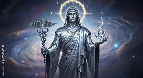 Cosmic Asclepius Holding Caduceus and Orb.