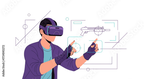 Man immersed in a virtual reality game aiming with a virtual weapon in a digital environment