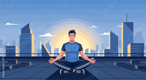 Man meditating on a rooftop with a cityscape background, symbolizing mindfulness and urban