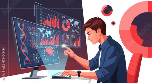 Man interacting with complex data visualizations on a futuristic computer interface displaying