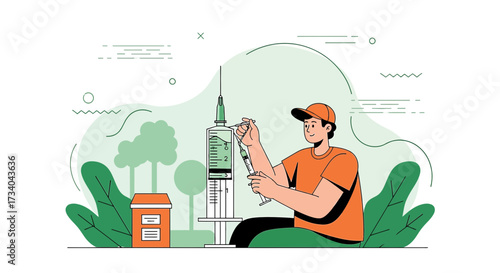 Man preparing injection with oversized syringe for medical treatment and healthcare concept