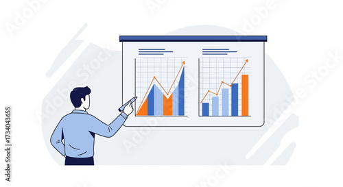 Man presenting business data with financial growth charts and diagrams for success