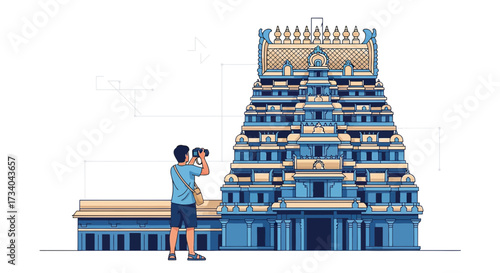 Man Photographing Colorful Hindu Temple in India with Traditional Architecture and Style