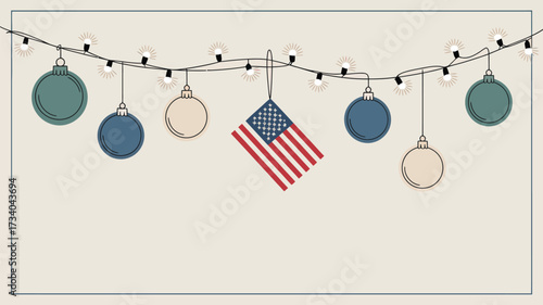 Ornaments and an american flag hanging from a string of lights against a neutral colored background