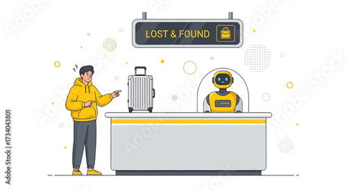 Man Reporting Lost Luggage at Airport Lost and Found Counter Served by Robot Assistant