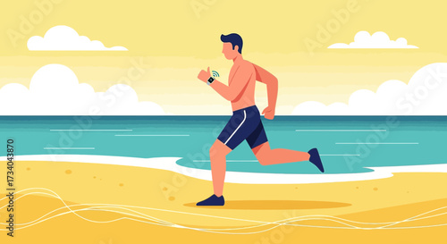 Man running on a beach using a smart watch to track his fitness progress and goals