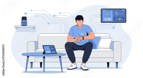 Man Using Smart Technology at Home with Health Monitoring Devices Seamless Integration