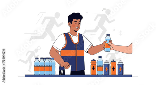 Marathon hydration support with energetic runners and dedicated volunteers offering refreshment