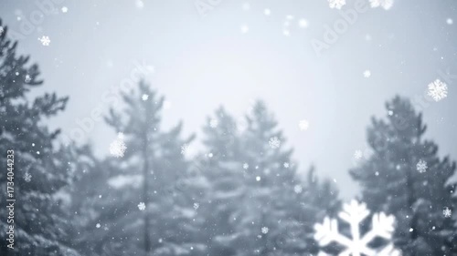 Wallpaper Mural A blurry out-of-focus forest of evergreen trees during a snowfall with stylized white snowflakes of various sizes falling against a muted grey sky Torontodigital.ca
