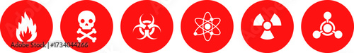 Set of Vector Icons of Dangerous chemical signs - Red and White - Fire icon, hazardous icon, poisonous icon, skull icon, nuclear radiation icon, radiation. 2.eps