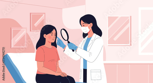 Medical consultation with doctor examining patient skin with magnifying glass at clinic