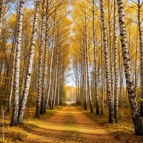 Autumn Birch Forest Path.