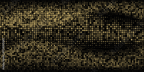 Abstract luxury banner with golden glittering dots on black background. Sparkling glitter bottom border, vector frame. Halftone effect. Magical gold dust. Pop art style backdrop.