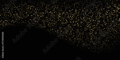 Abstract luxury banner with golden glittering dots on black background. Sparkling glitter bottom border, vector frame. Halftone effect. Magical gold dust. Pop art style backdrop.
