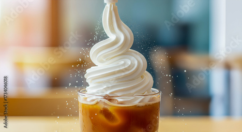 Whipped cream being sprayed onto a cup of iced coffee or a milkshake an action shot of a delicious sweet treat with copy space
