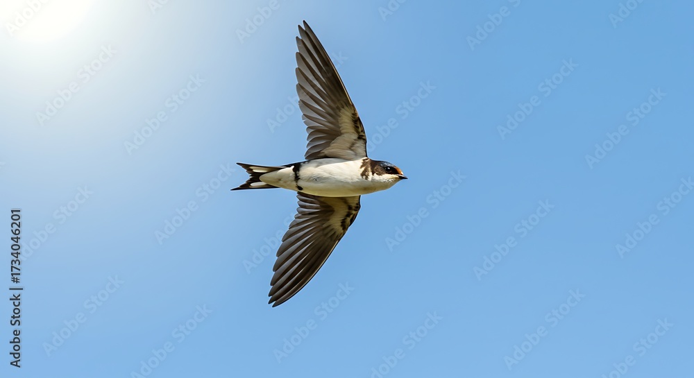 Obraz premium Swift flying bird in a clear blue sky against bright sunlight background