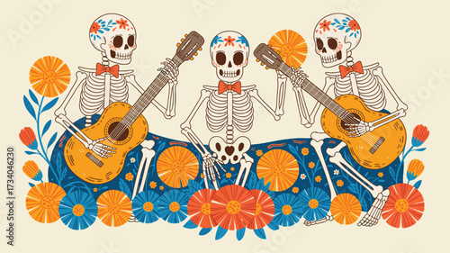 Festive Skeleton Musicians Surrounded by Colorful Flowers