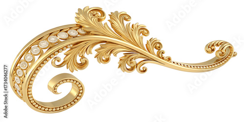 Ornate golden decorative element with intricate floral patterns and pearl accents on a transparent background, isolated for design use.