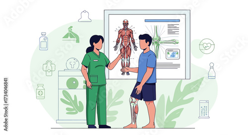 Medical professional explaining leg anatomy to patient in consultation flat vector illustration of