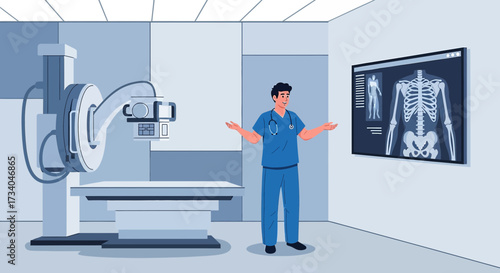 Medical professional explaining x-ray results in a modern examination room providing patient