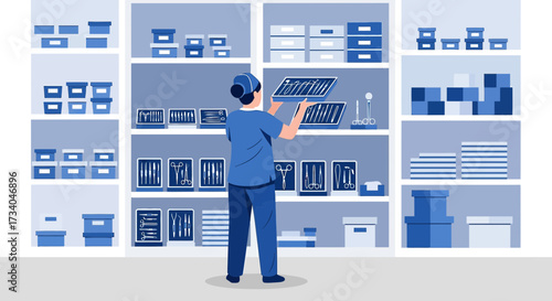Medical professional organizing surgical instruments in a hospital or clinic setting shelf