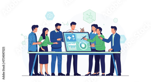 Medical team collaboration for data analysis and healthcare strategy discussion at a modern