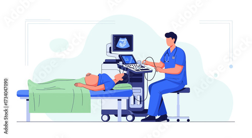 Medical ultrasound examination for pregnant woman with professional doctor in clinic illustration