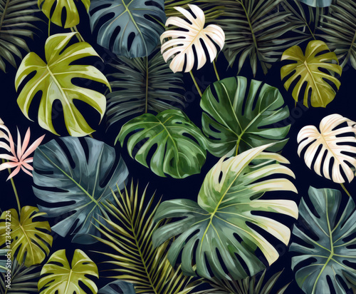 Tropical Leaves with Vibrant Colors Design on a Dark Background.
