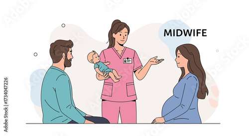 Midwife assisting a pregnant woman and her partner, holding a newborn baby illustration